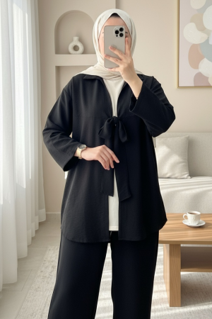 كيمونو صيفي مربوط من الأمام -أسود