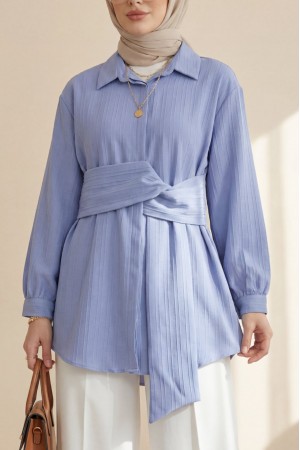 Belden Bağlamalı Fitlli Krinkıl Gömlek -Buz Mavi