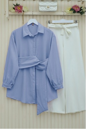 Belden Bağlamalı Fitlli Krinkıl Gömlek -Buz Mavi