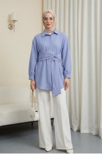 Belden Bağlamalı Fitlli Krinkıl Gömlek -Buz Mavi