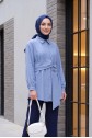 Belden Bağlamalı Fitlli Krinkıl Tunik -Buz Mavi