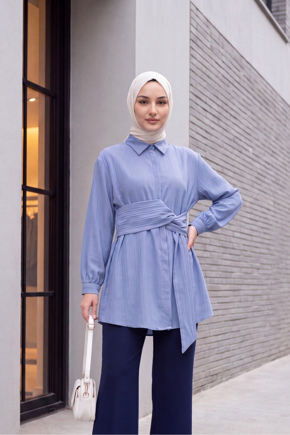 Belden Bağlamalı Fitlli Krinkıl Tunik -Buz Mavi