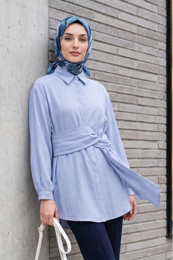 Belden Bağlamalı Fitlli Krinkıl Tunik -Buz Mavi