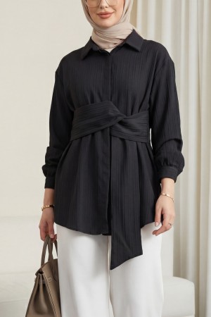 Belden Bağlamalı Fitlli Krinkıl Gömlek -Siyah