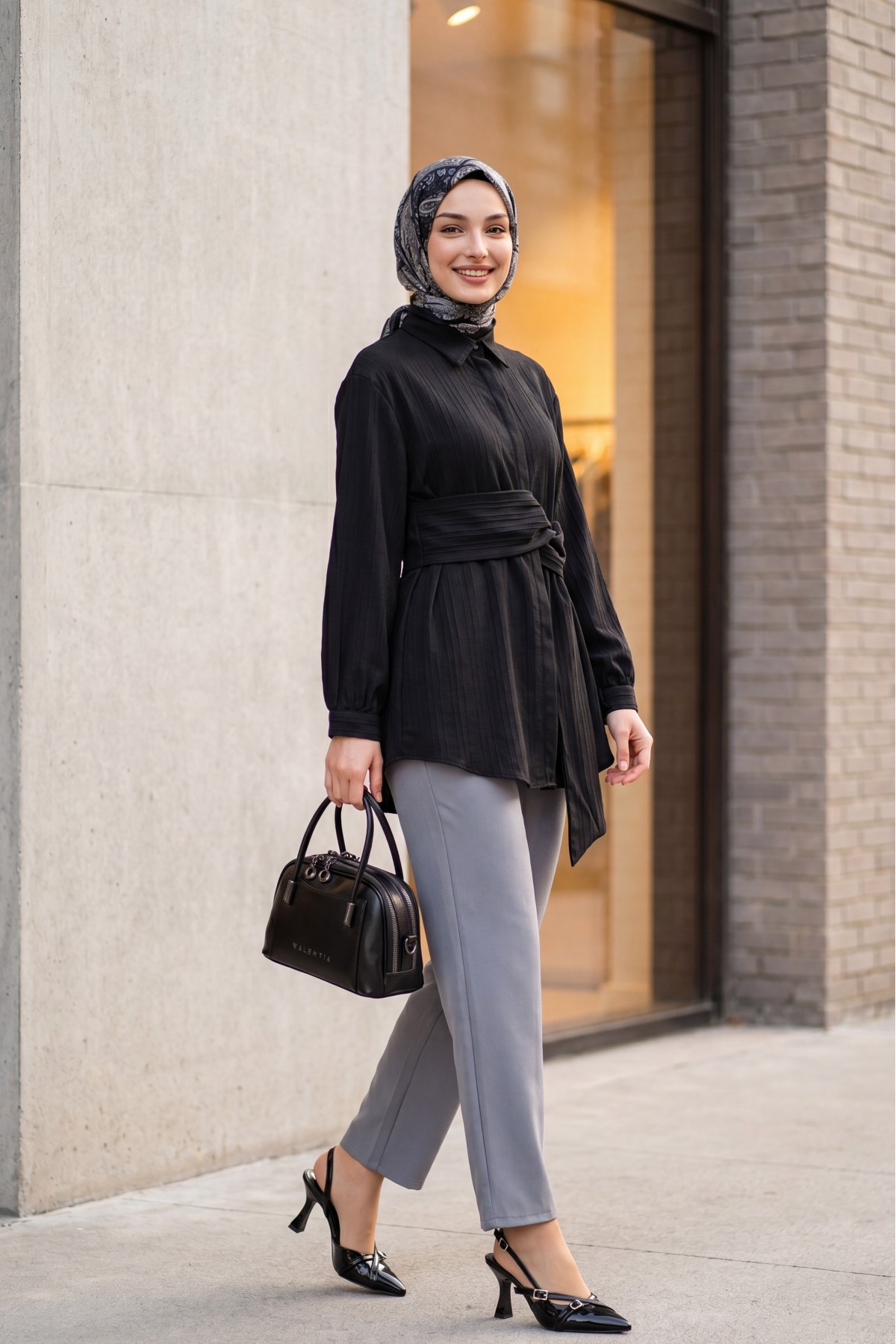 Fitted Crinkle Shirt with Waist Tie -Black
