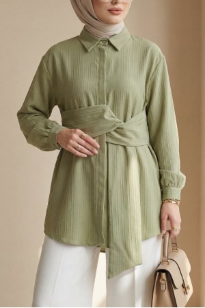 Belden Bağlamalı Fitlli Krinkıl Gömlek  -Su Yeşili
