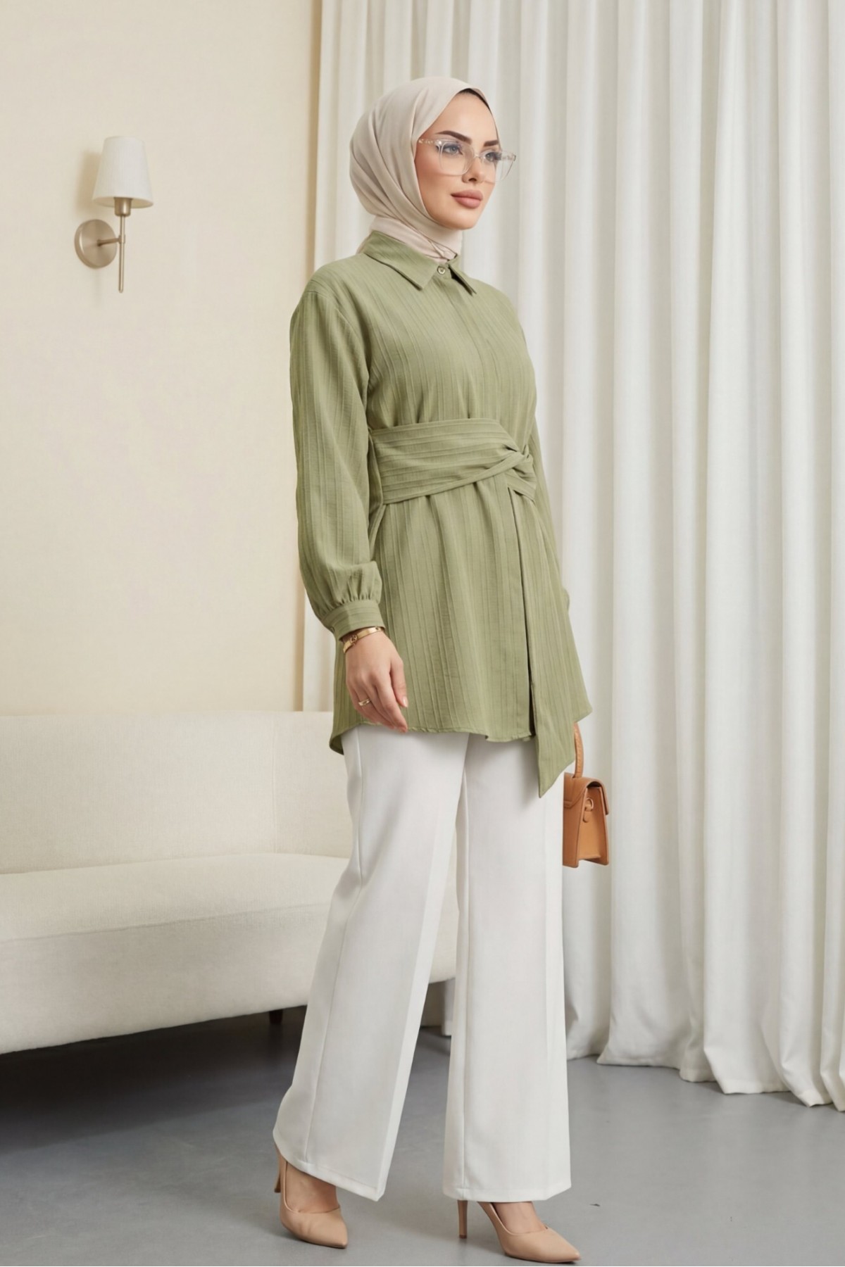 Fitted Crinkle Shirt with Waist Tie  -Sea green