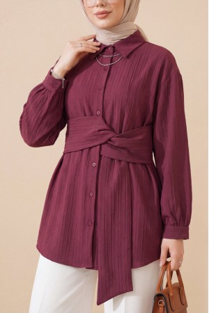Belden Bağlamalı Fitlli Krinkıl Gömlek  -Bordo