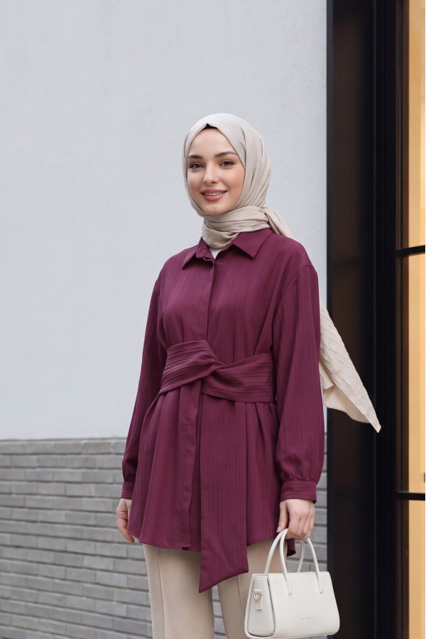 Belden Bağlamalı Fitlli Krinkıl Tunik -Bordo