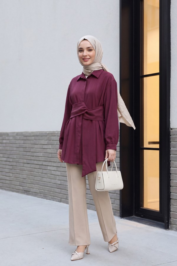 Belden Bağlamalı Fitlli Krinkıl Tunik -Bordo