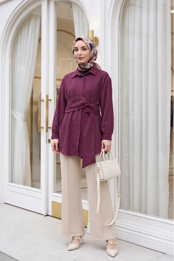 Belden Bağlamalı Fitlli Krinkıl Tunik -Bordo