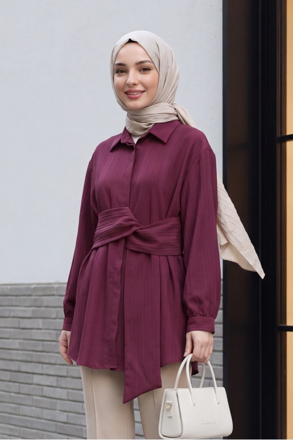 Belden Bağlamalı Fitlli Krinkıl Tunik -Bordo