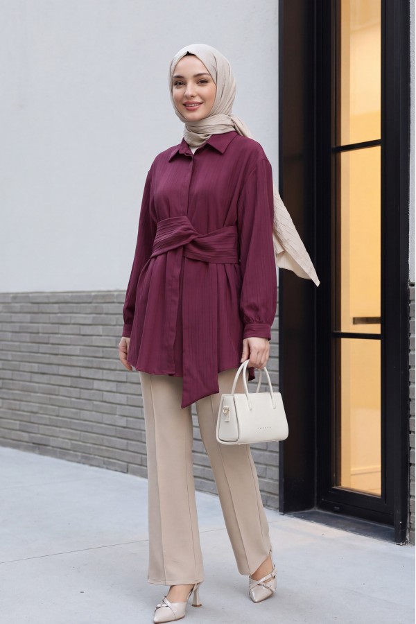 Belden Bağlamalı Fitlli Krinkıl Tunik -Bordo