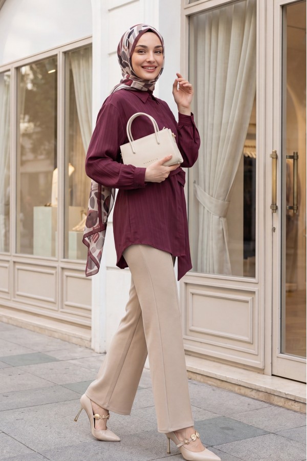 Belden Bağlamalı Fitlli Krinkıl Tunik -Bordo