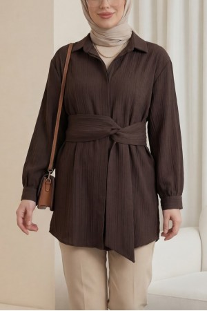 Belden Bağlamalı Fitlli Krinkıl Gömlek   -Kahve