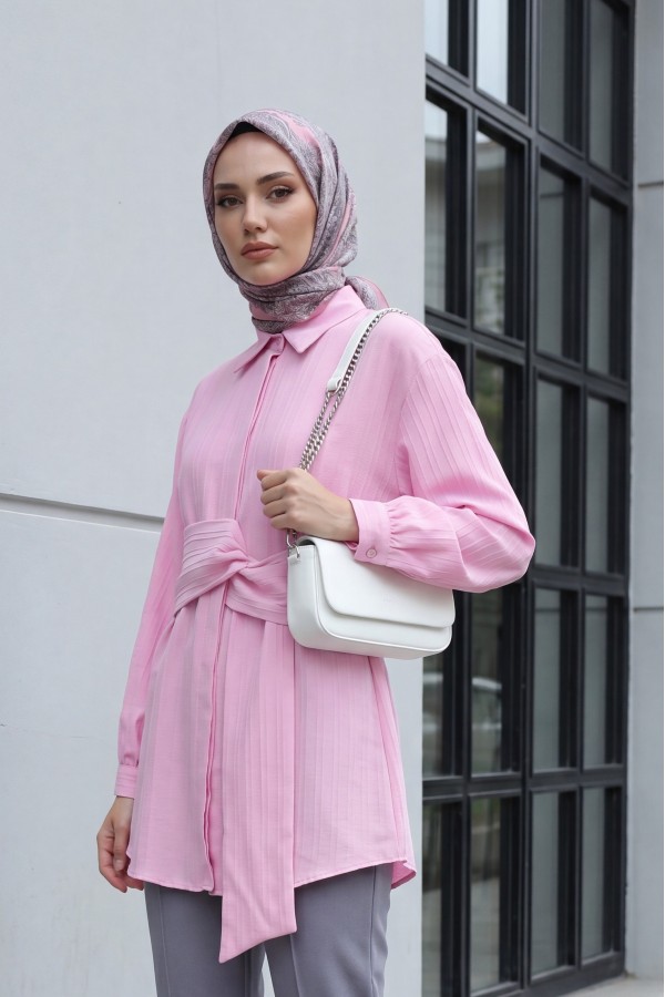 Belden Bağlamalı Fitlli Krinkıl Gömlek   -Pembe