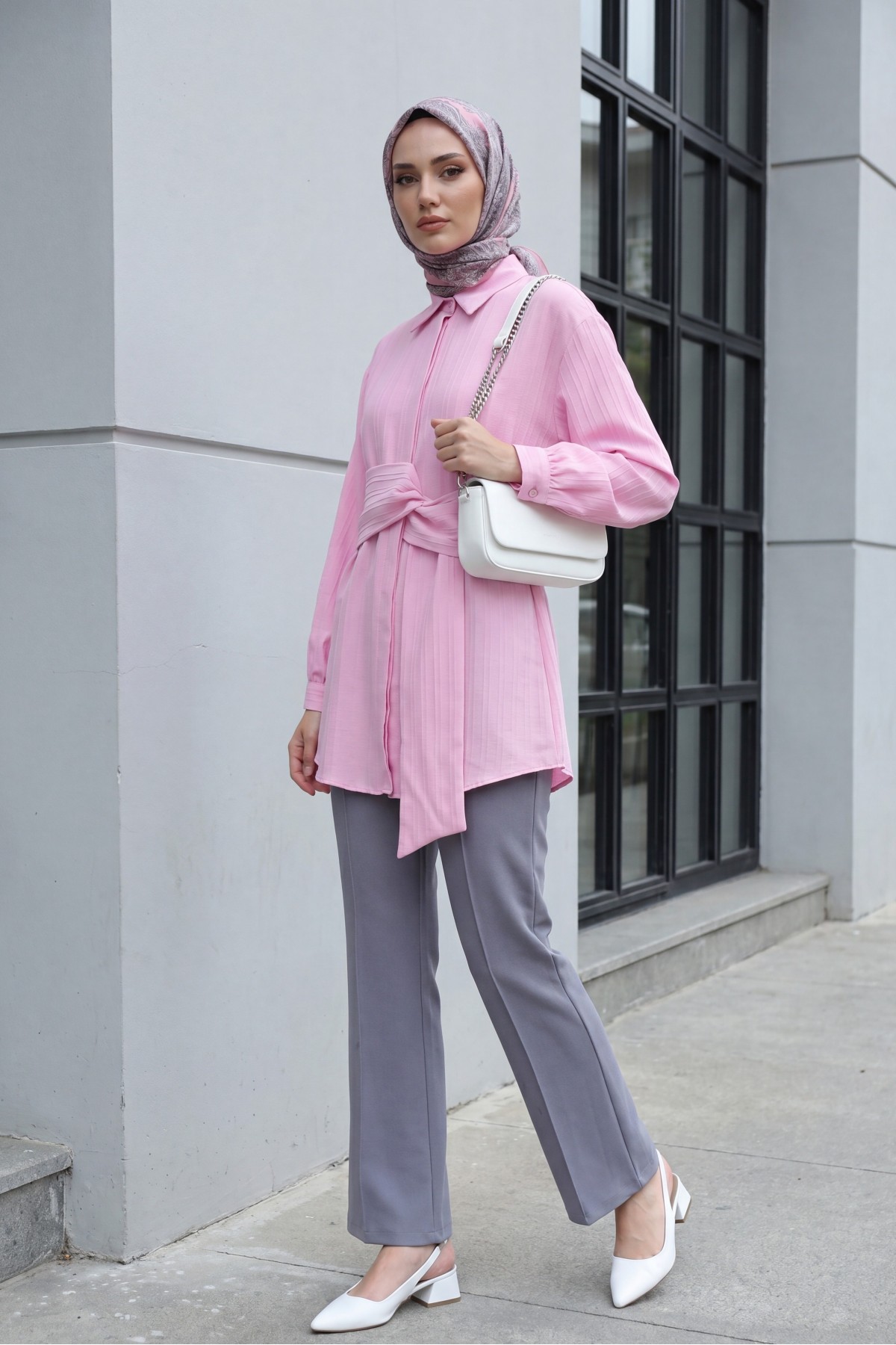 Belden Bağlamalı Fitlli Krinkıl Gömlek   -Pembe