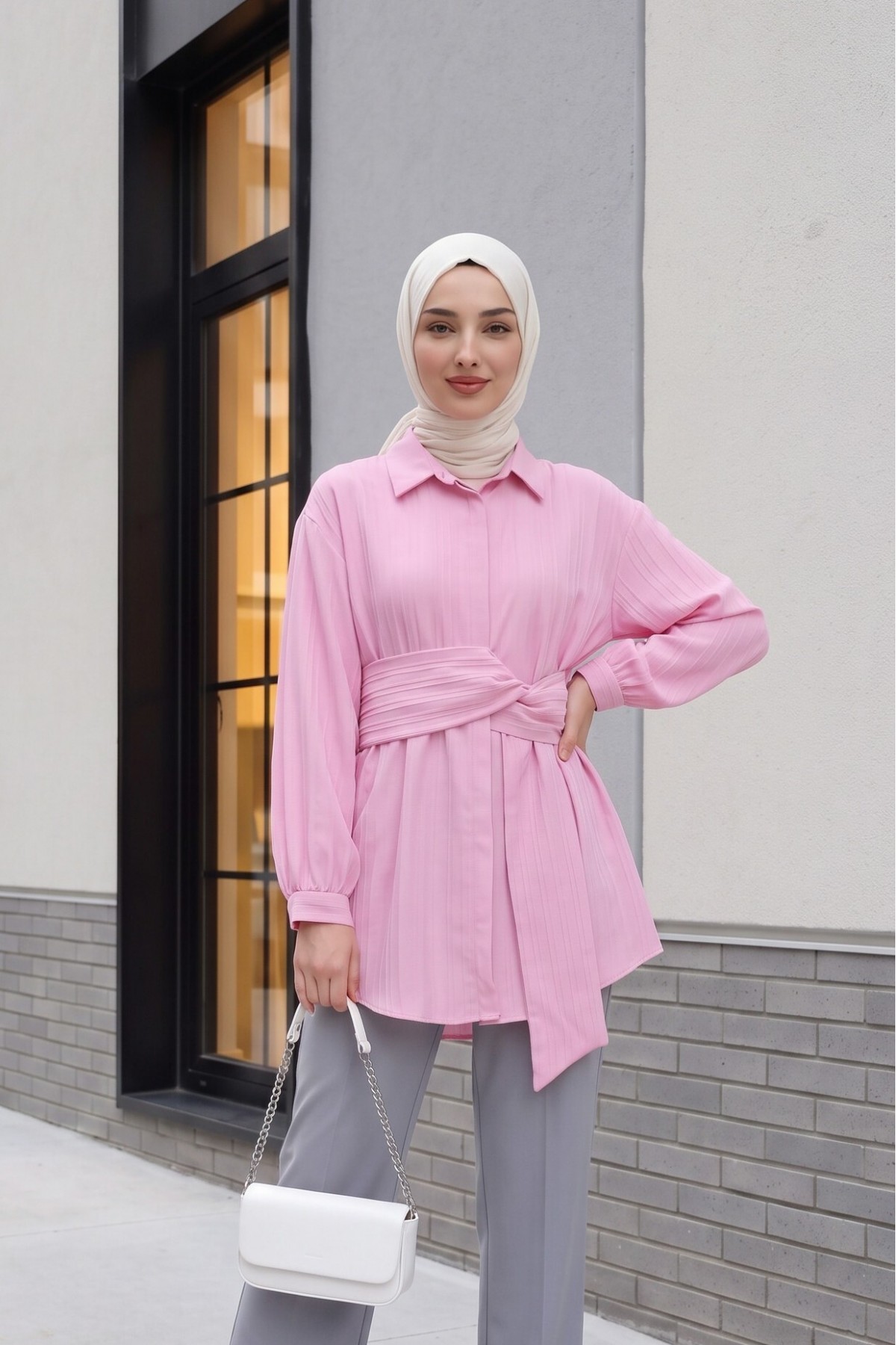 Belden Bağlamalı Fitlli Krinkıl Gömlek   -Pembe