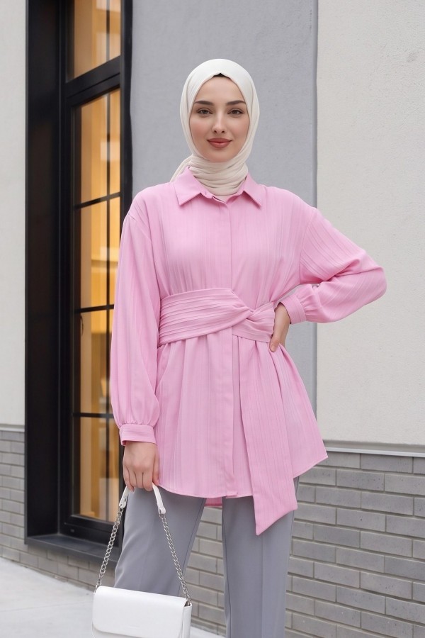 Belden Bağlamalı Fitlli Krinkıl Gömlek   -Pembe