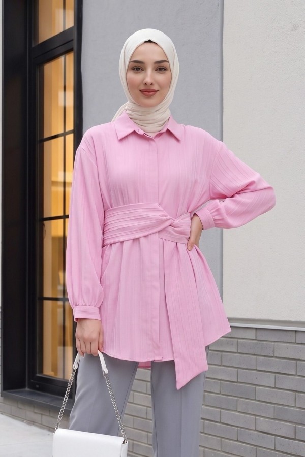 Belden Bağlamalı Fitlli Krinkıl Gömlek   -Pembe