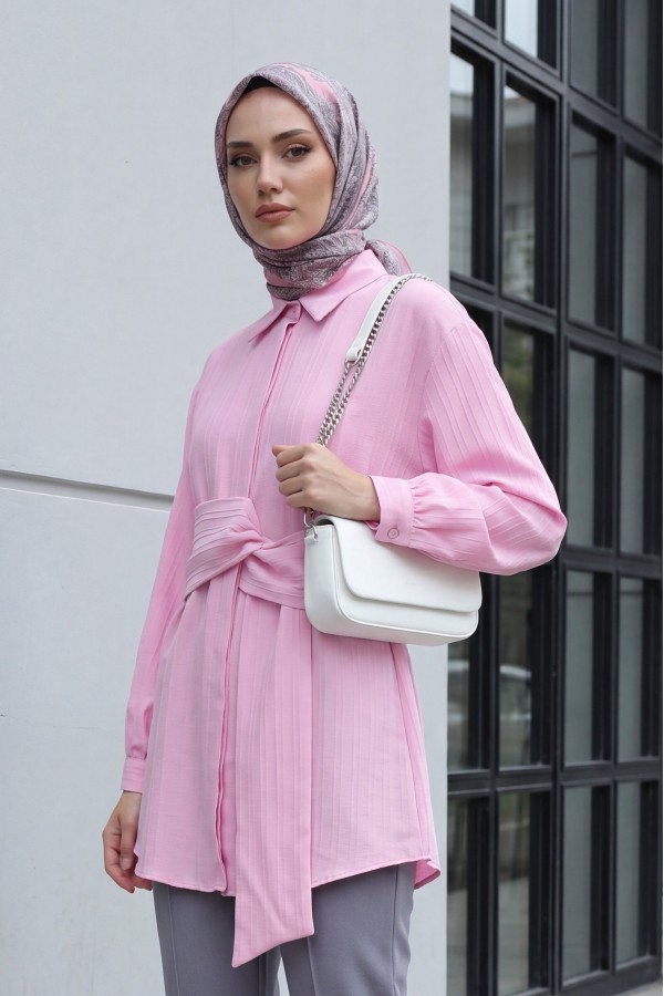 Belden Bağlamalı Fitlli Krinkıl Gömlek   -Pembe