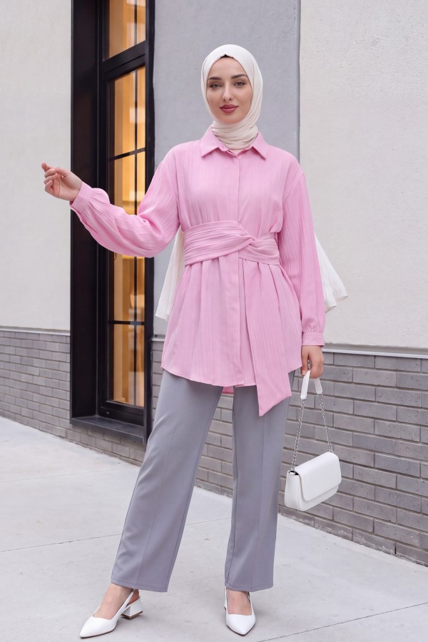 Belden Bağlamalı Fitlli Krinkıl Gömlek   -Pembe