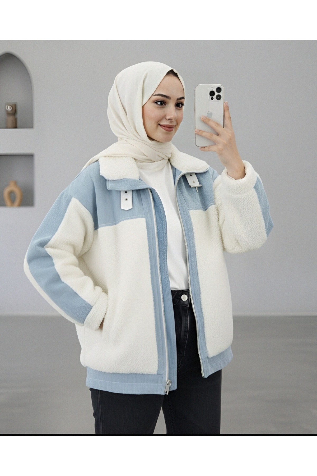 Denim Detailed Lined Plush Coat with Pockets -White