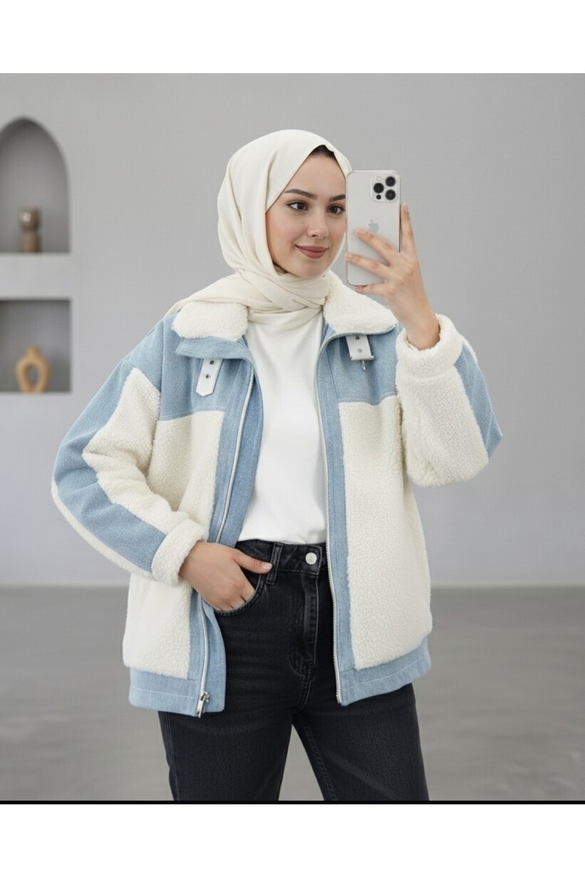 Denim Detailed Lined Plush Coat with Pockets -White detay görseli
