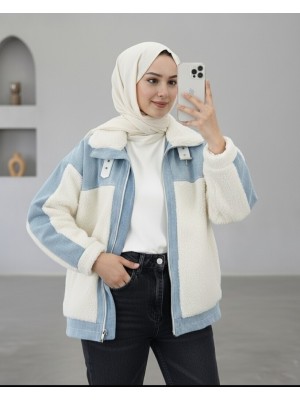 Kot Detaylı Astarlı Cepli Peluş Mont -Beyaz