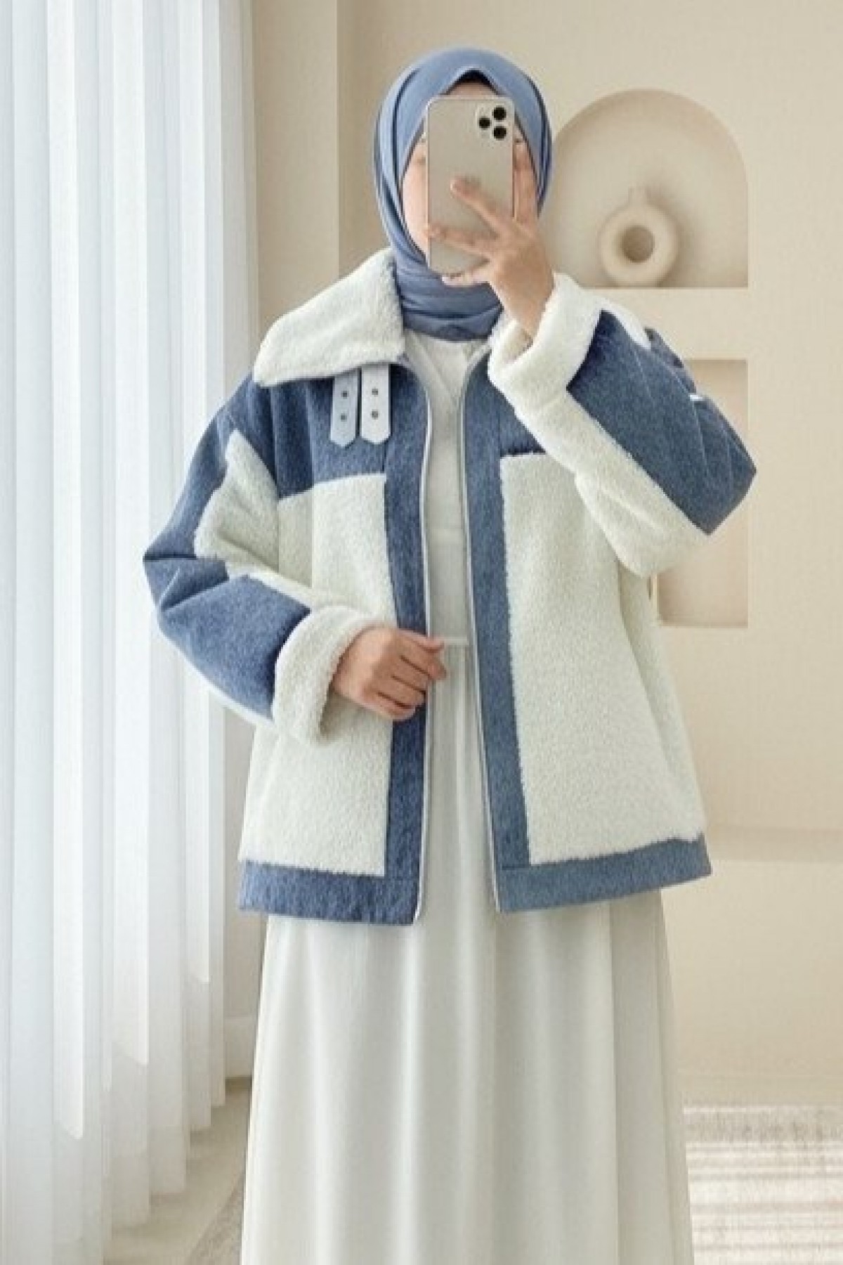 Denim Detailed Lined Plush Coat with Pockets -White
