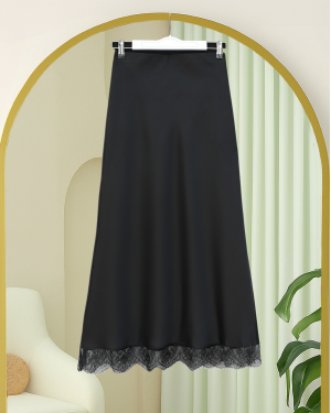 Satin Skirt with Lace Hem -Black