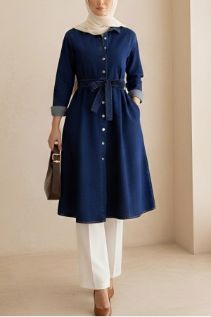 Boydan Çıtçıtlı Kemerli Kot Kap -İndigo