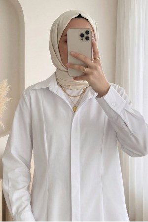 قميص بأزرار وكسرات مخفية -أبيض