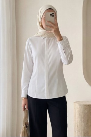 Gizli Düğmeli Pensli Gömlek -Beyaz