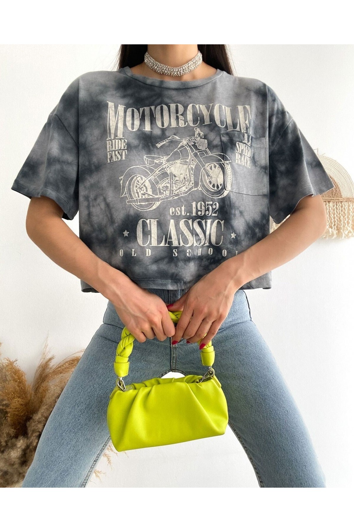 Motosiklet Baskılı Yıkamalı Crop Tişort -Gri