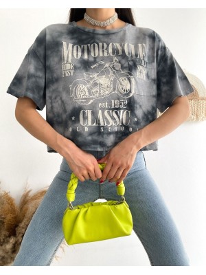 Motosiklet Baskılı Yıkamalı Crop Tişort -Gri