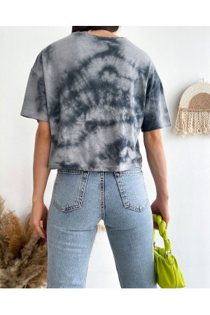 Motosiklet Baskılı Yıkamalı Crop Tişort -Gri