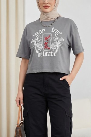 Yuvarlak Yaka Baskılı Crop Tişort -Gri