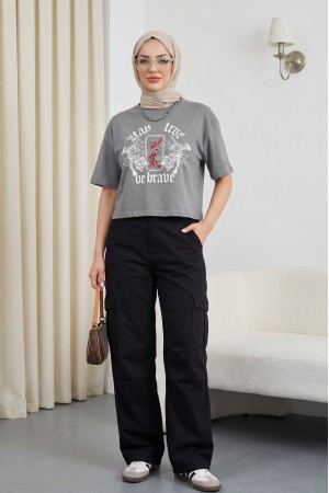 Yuvarlak Yaka Baskılı Crop Tişort -Gri