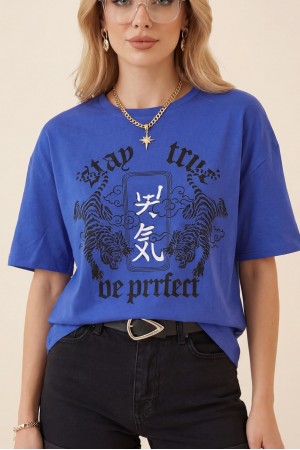 Yuvarlak Yaka Baskılı Crop Tişort -Mavi