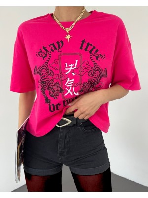 Yuvarlak Yaka Baskılı Crop Tişort -Pembe