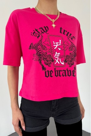 Yuvarlak Yaka Baskılı Crop Tişort -Pembe