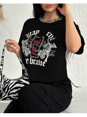 Yuvarlak Yaka Baskılı Crop Tişort -Siyah