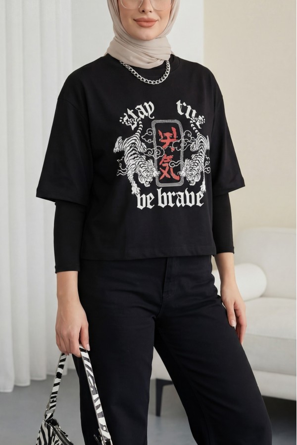 Round Neck Printed Crop T-Shirt -Black
