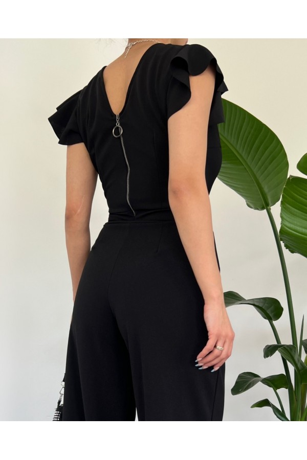 Zipper Detailed Ruffled Jumpsuit -Black