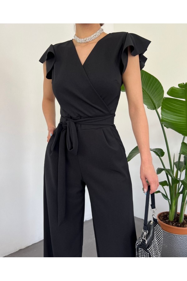 Zipper Detailed Ruffled Jumpsuit -Black