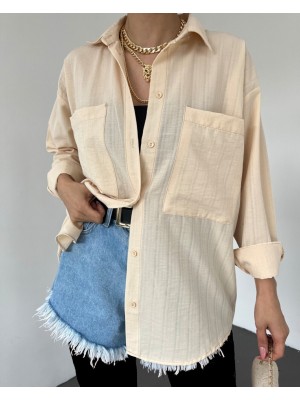 Çift Cepli Arkası Uzun Gofre Gömlek -Bej