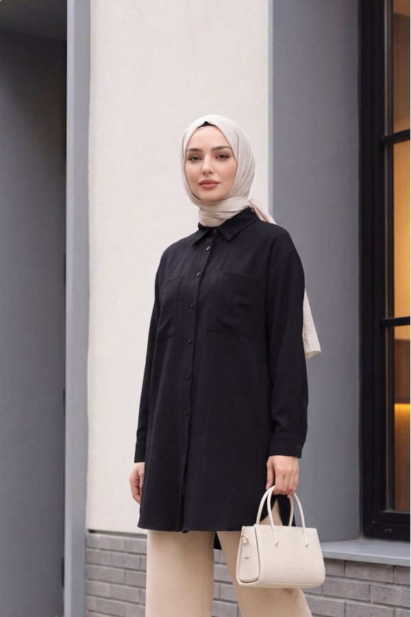 قميص طويل بجيب طويل -أسود