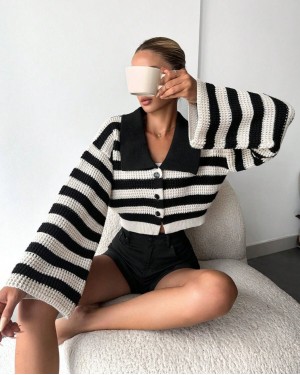 Wide Collar Striped Openwork Cardigan -Black