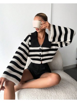 Wide Collar Striped Openwork Cardigan -Black